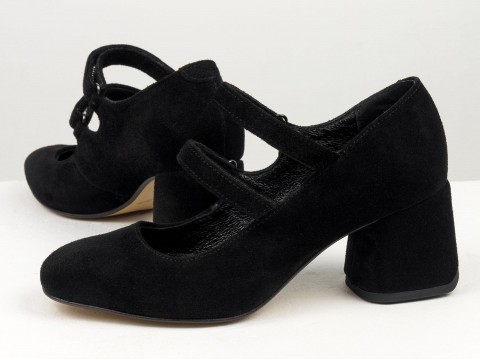 Дизайнерські туфлі з натуральної чорної замші  на стійкому каблуці, Т-2067-02